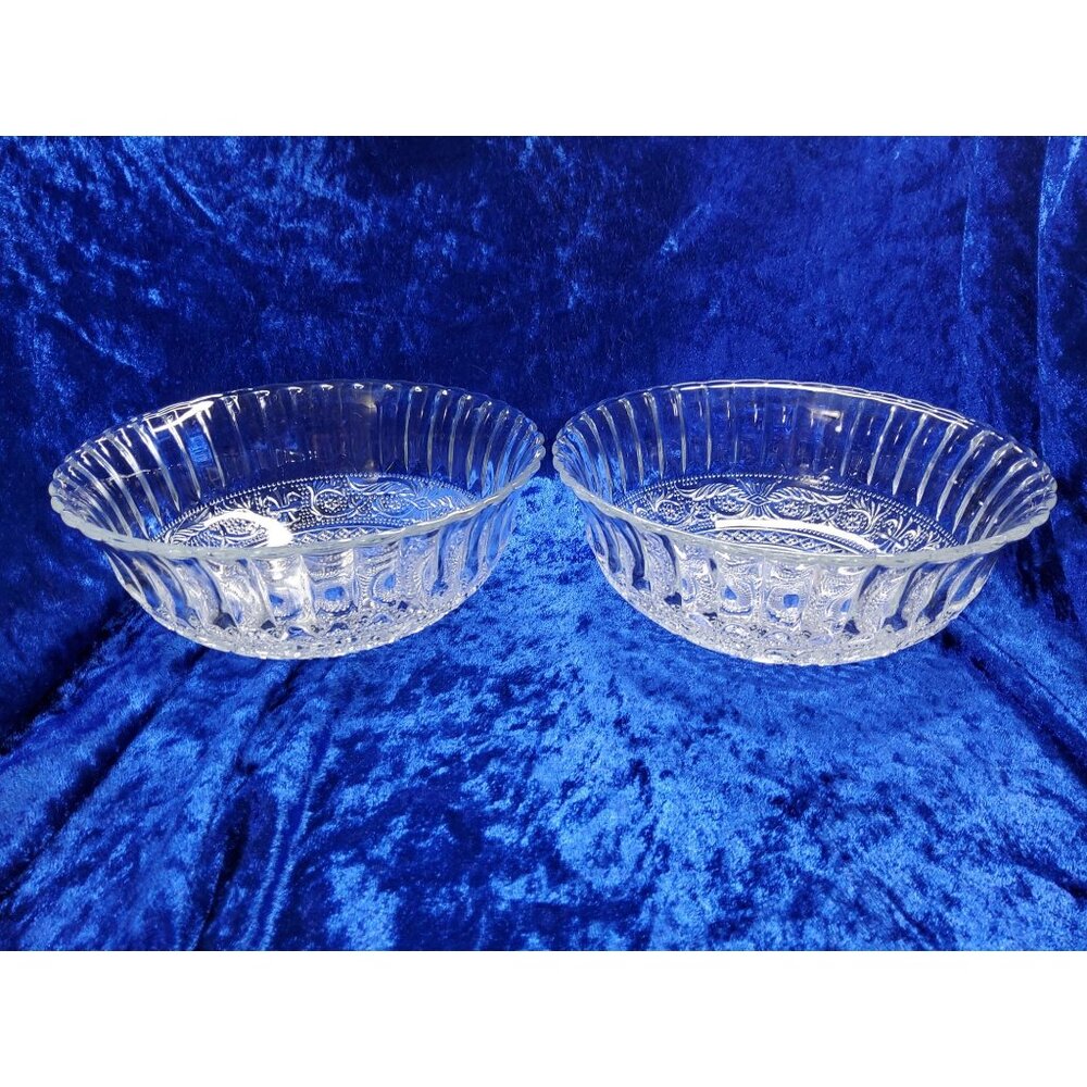 vintage pair of kig indonesia decorative pressed glass serving bowls.